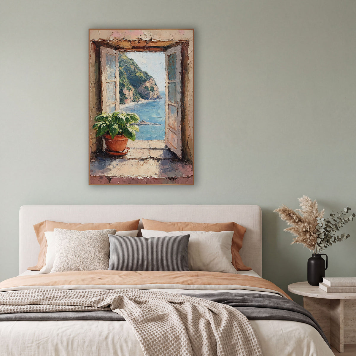 Open Window Sea View Coastal wall art in a bright coastal-style room – open shuttered window with a potted green plant
