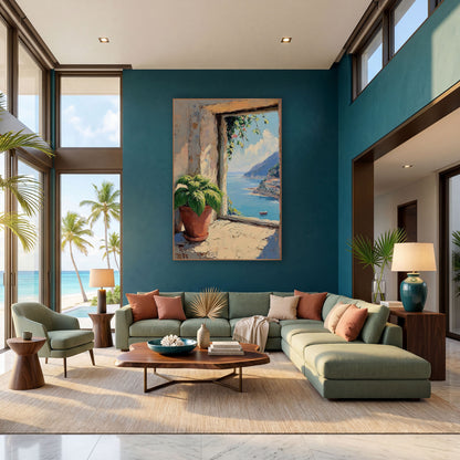 Coastal Window Sea View Mediterranean wall art in a bright coastal-style room – potted green plant on a sunlit stone