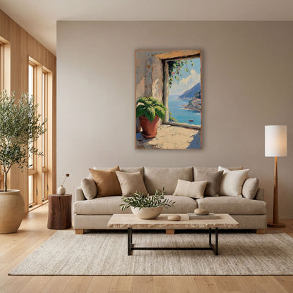 Coastal Window Sea View Mediterranean wall art in a bright coastal-style room – potted green plant on a sunlit stone
