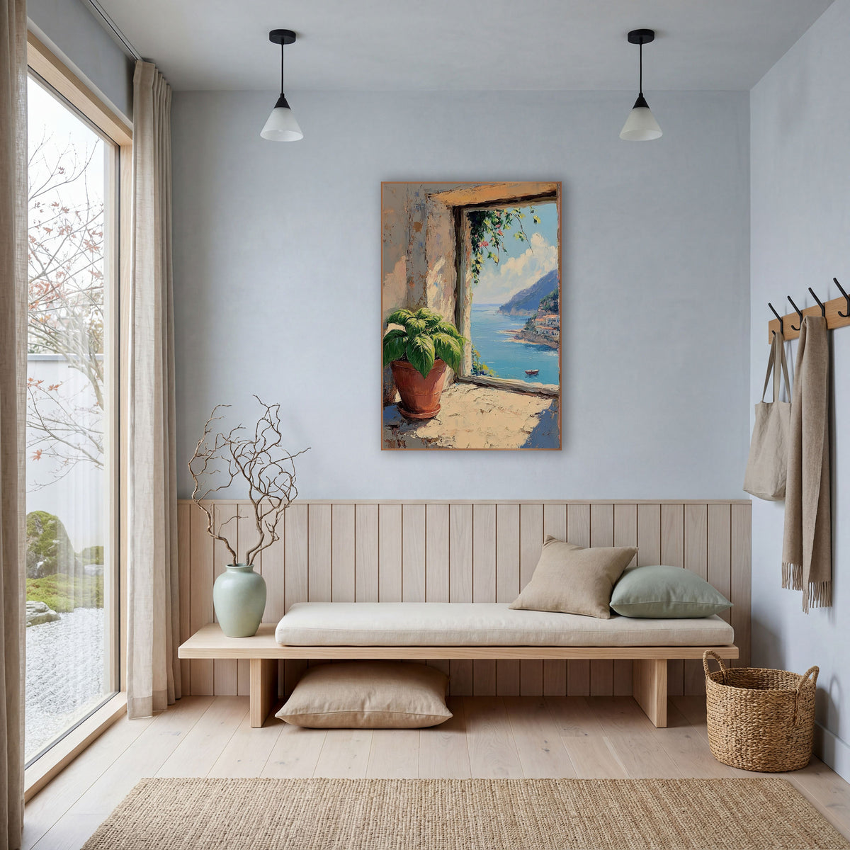 Coastal Window Sea View Mediterranean wall art in a bright coastal-style room – potted green plant on a sunlit stone
