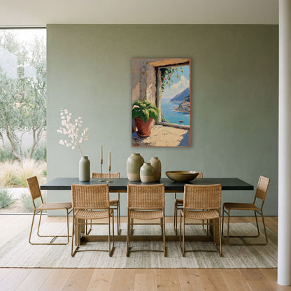 Coastal Window Sea View Mediterranean wall art in a bright coastal-style room – potted green plant on a sunlit stone
