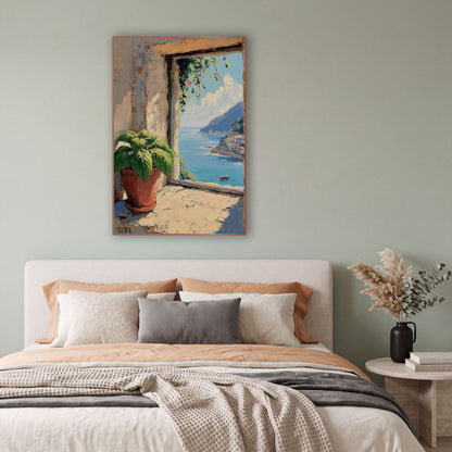 Coastal Window Sea View Mediterranean wall art in a bright coastal-style room – potted green plant on a sunlit stone