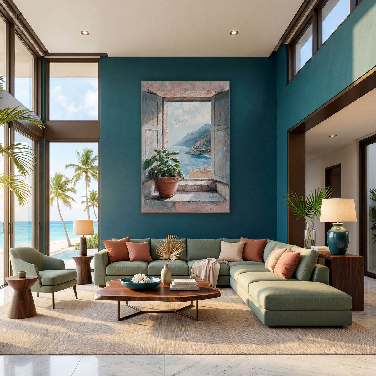 Coastal Window View Basil Plant wall art in a bright coastal-style room – open gray-blue shutters on a pink wall frame