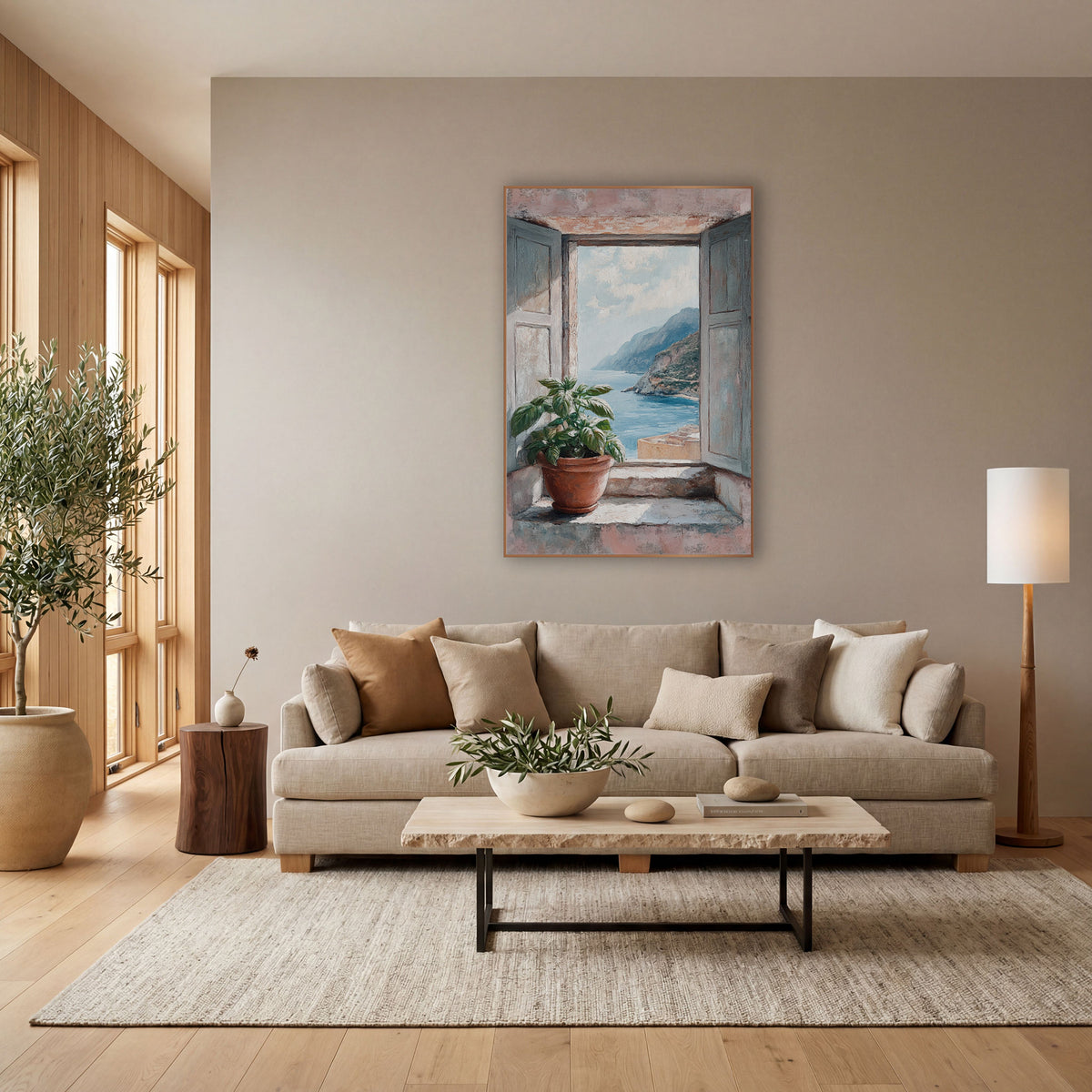 Coastal Window View Basil Plant wall art in a bright coastal-style room – open gray-blue shutters on a pink wall frame