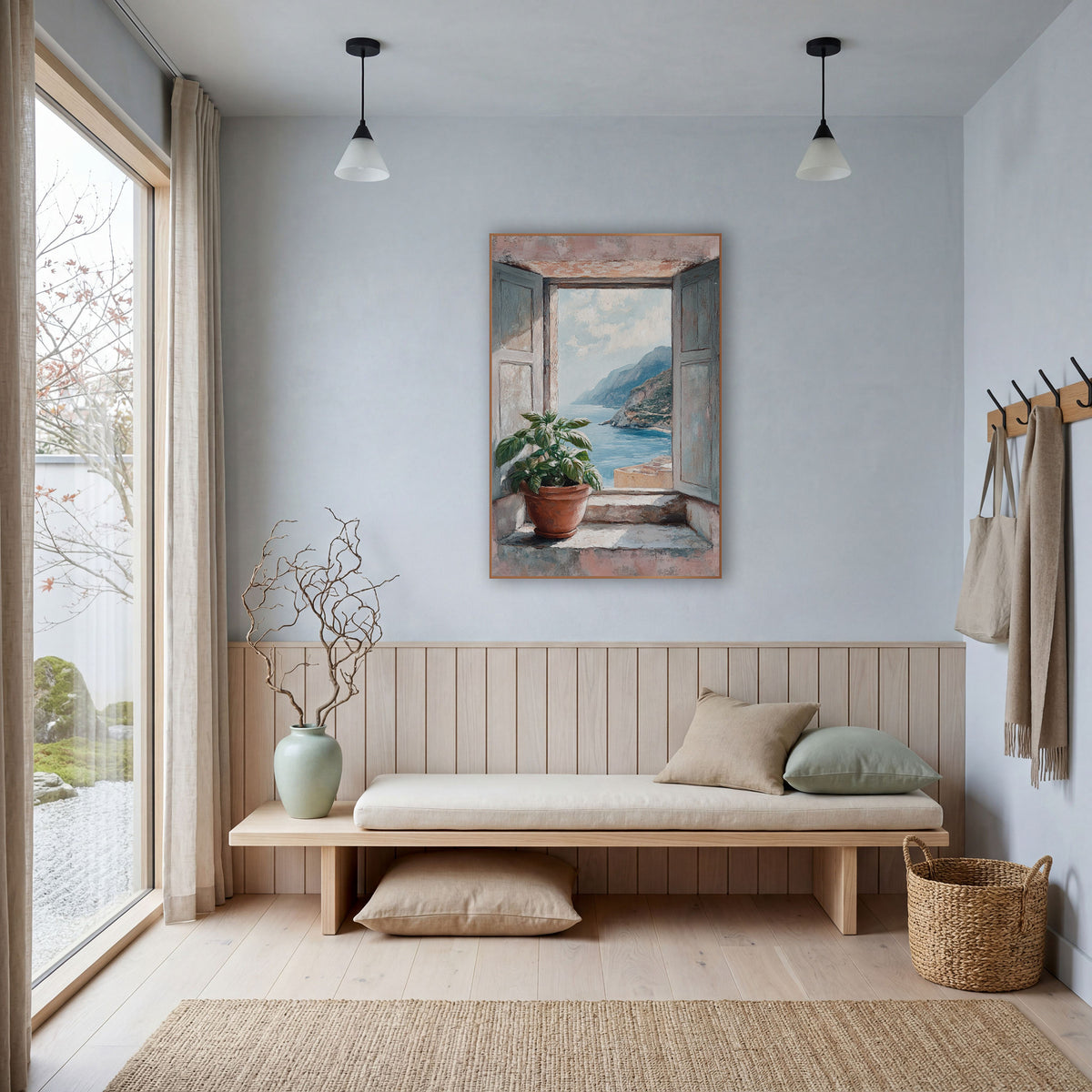 Coastal Window View Basil Plant wall art in a bright coastal-style room – open gray-blue shutters on a pink wall frame