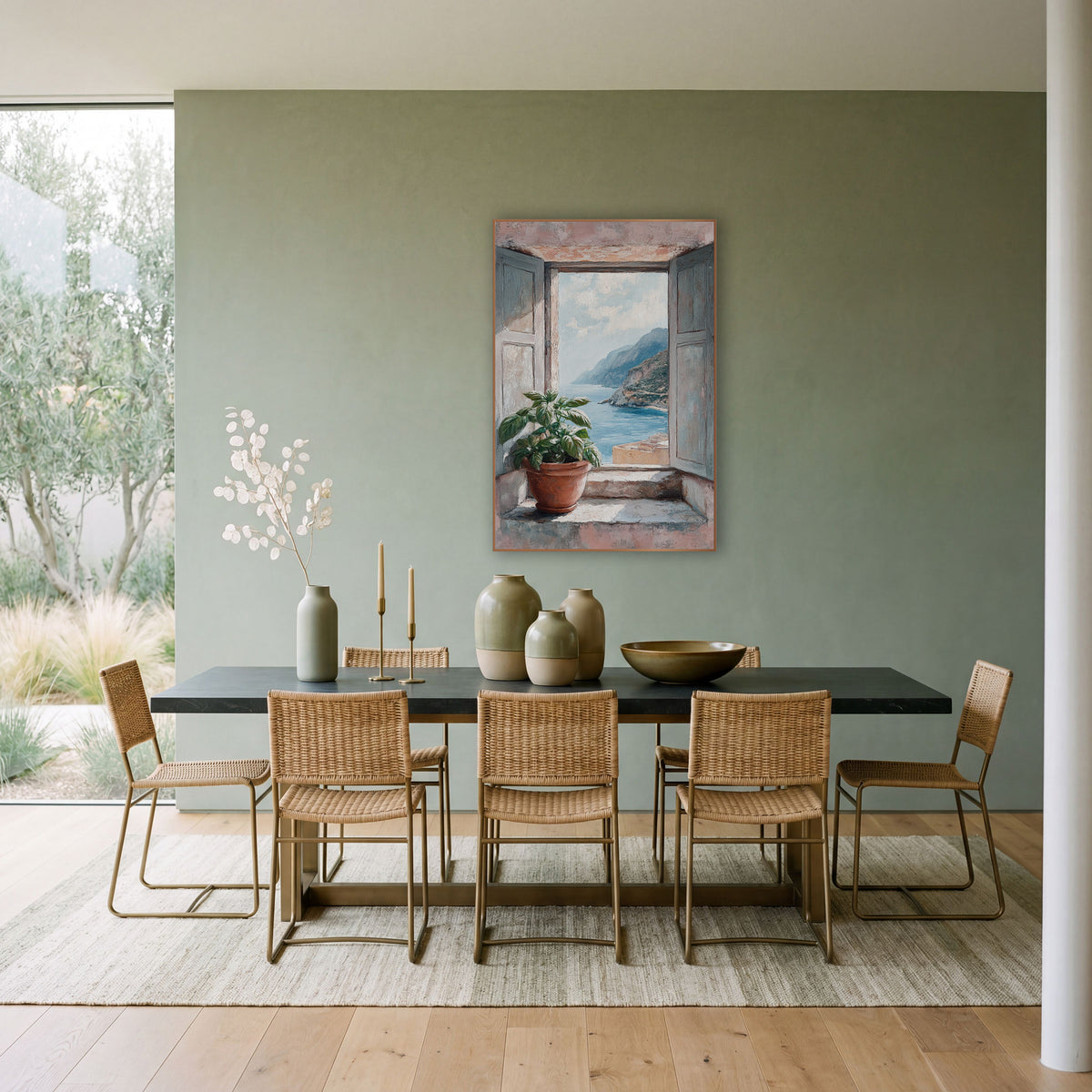 Coastal Window View Basil Plant wall art in a bright coastal-style room – open gray-blue shutters on a pink wall frame