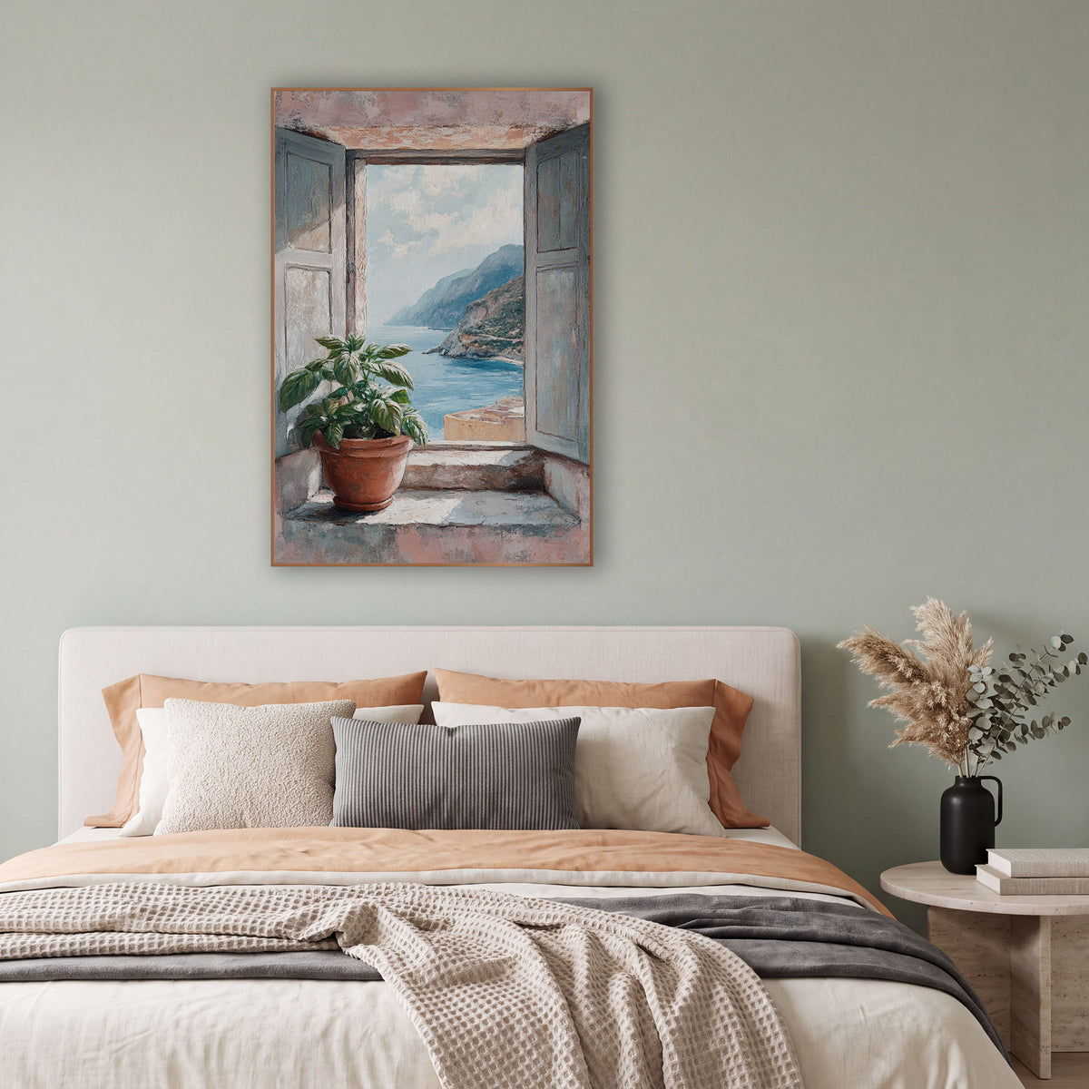 Coastal Window View Basil Plant wall art in a bright coastal-style room – open gray-blue shutters on a pink wall frame