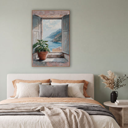 Coastal Window View Basil Plant wall art in a bright coastal-style room – open gray-blue shutters on a pink wall frame