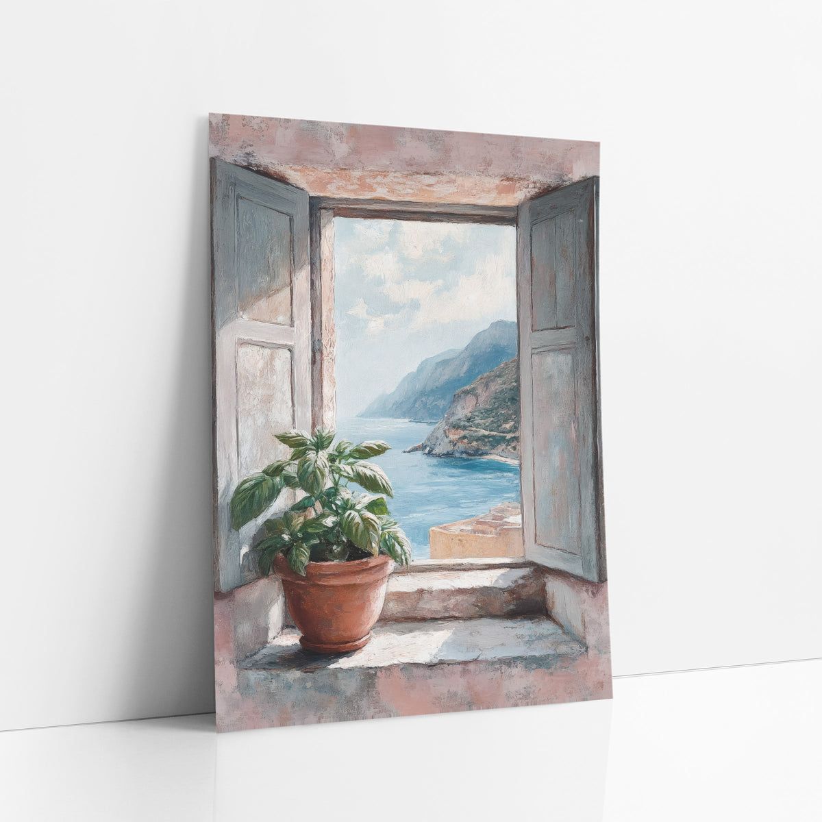 Coastal Window View Basil Plant art print leaning against a white wall – open gray-blue shutters on a pink wall frame a blue