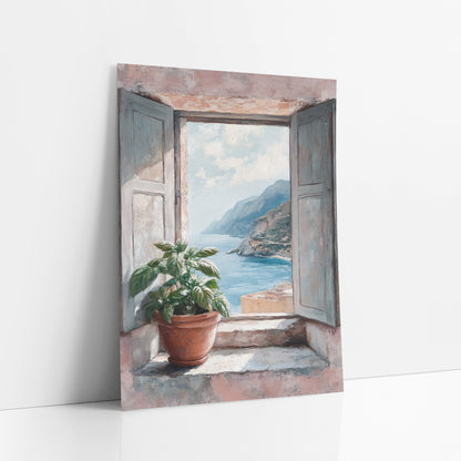 Coastal Window View Basil Plant art print leaning against a white wall – open gray-blue shutters on a pink wall frame a blue