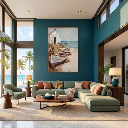 Whitewashed Seaside Chapel Rowboat Coastal wall art in a bright coastal-style room – white seaside chapel with two