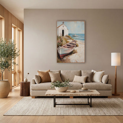 Whitewashed Seaside Chapel Rowboat Coastal wall art in a bright coastal-style room – white seaside chapel with two