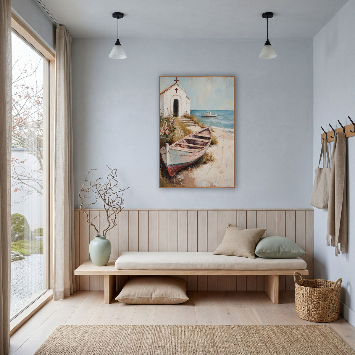 Whitewashed Seaside Chapel Rowboat Coastal wall art in a bright coastal-style room – white seaside chapel with two