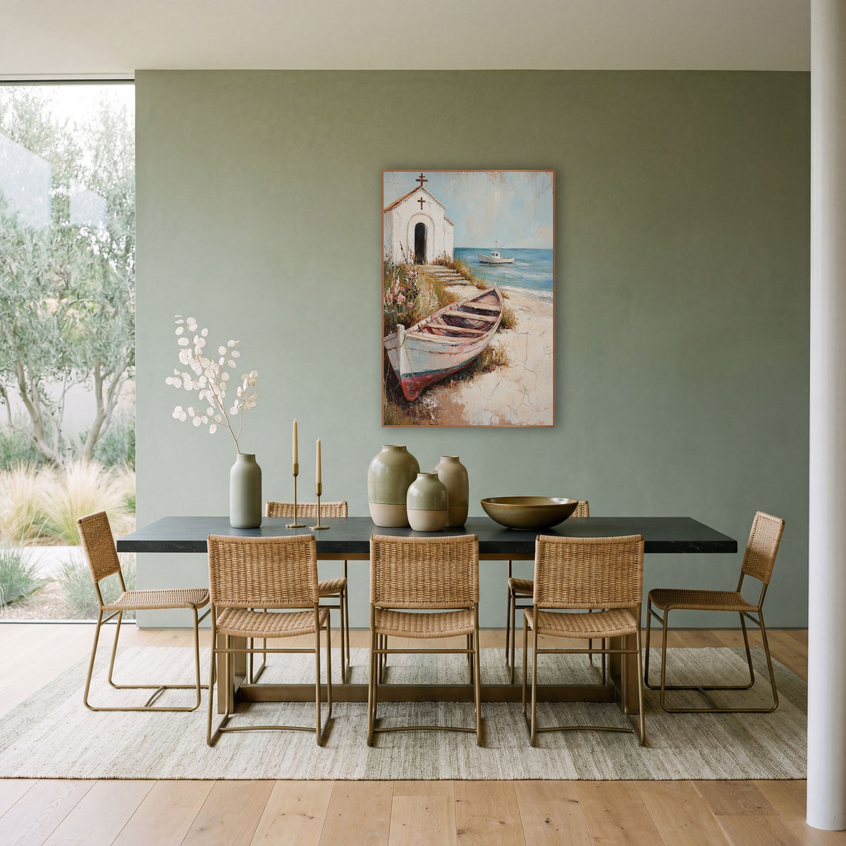 Whitewashed Seaside Chapel Rowboat Coastal wall art in a bright coastal-style room – white seaside chapel with two
