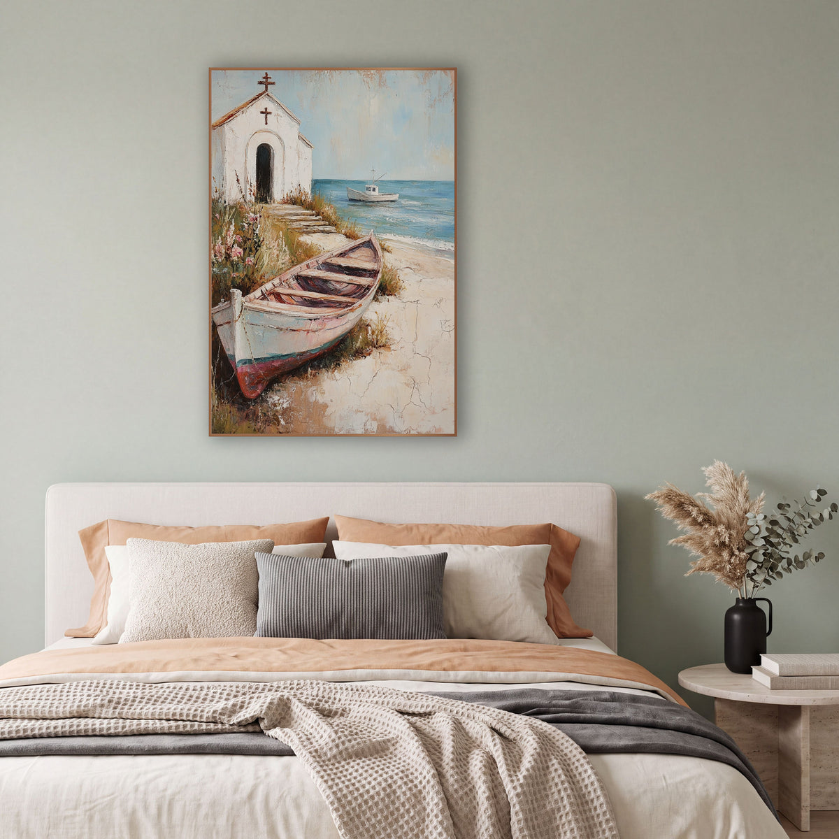 Whitewashed Seaside Chapel Rowboat Coastal wall art in a bright coastal-style room – white seaside chapel with two