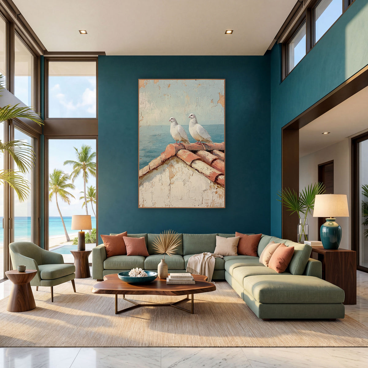 Doves Terracotta Roofline Coastal wall art in a bright coastal-style room – two white doves perched on terracotta roof