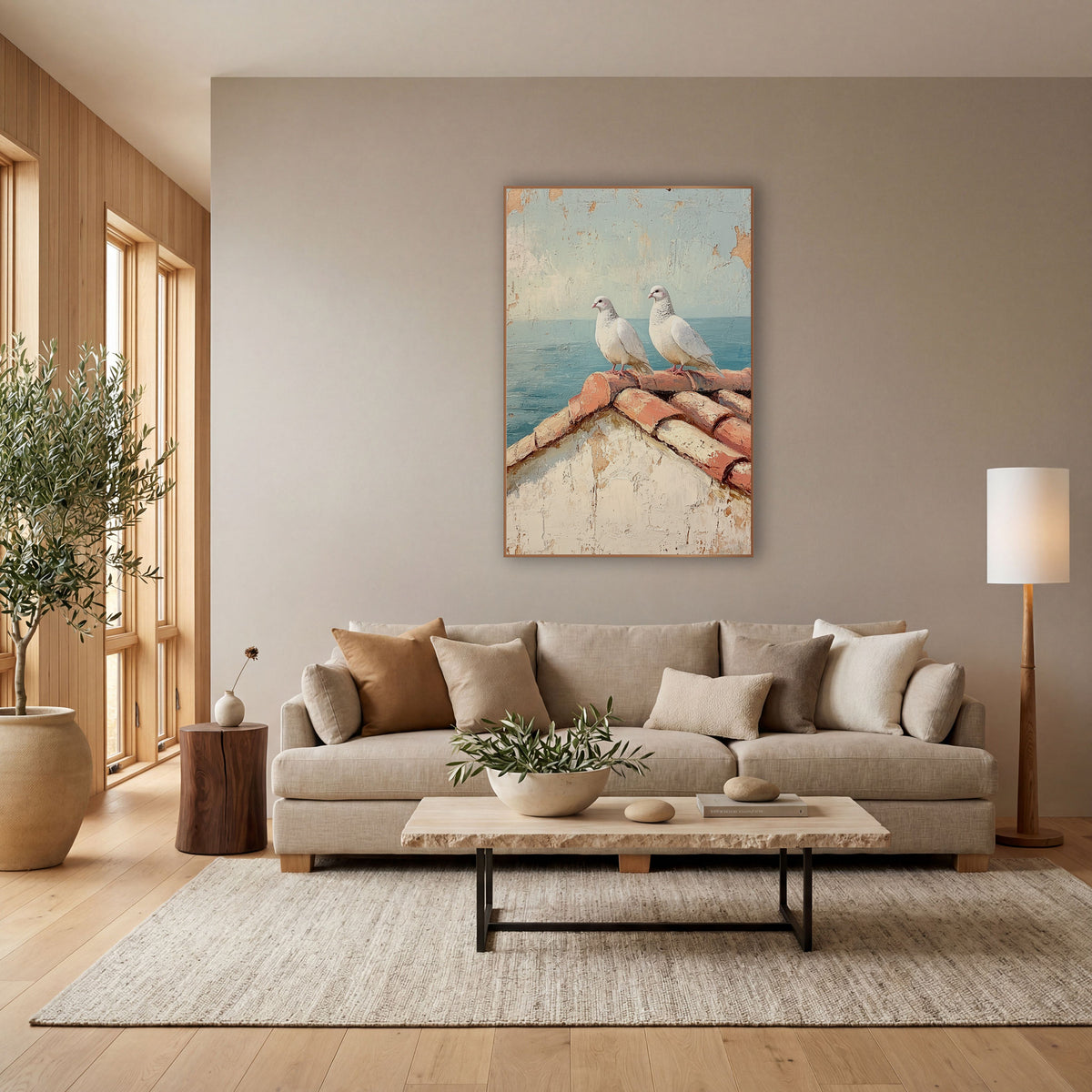 Doves Terracotta Roofline Coastal wall art in a bright coastal-style room – two white doves perched on terracotta roof
