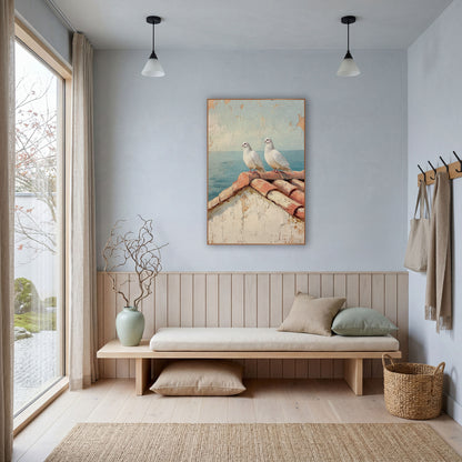 Doves Terracotta Roofline Coastal wall art in a bright coastal-style room – two white doves perched on terracotta roof