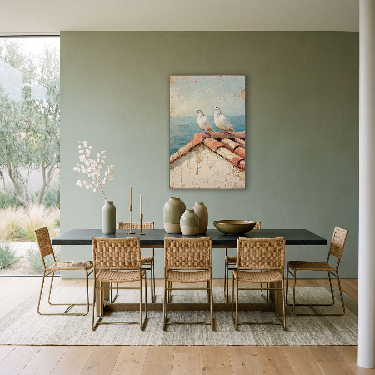 Doves Terracotta Roofline Coastal wall art in a bright coastal-style room – two white doves perched on terracotta roof