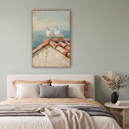 Doves Terracotta Roofline Coastal wall art in a bright coastal-style room – two white doves perched on terracotta roof