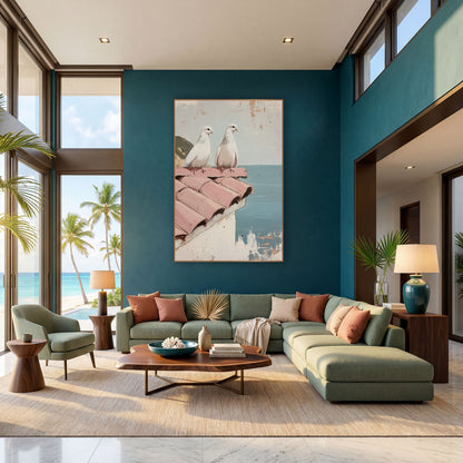 Doves Pink Rooftiles Cliffside Coastal wall art in a bright coastal-style room – two white doves perched on a pink