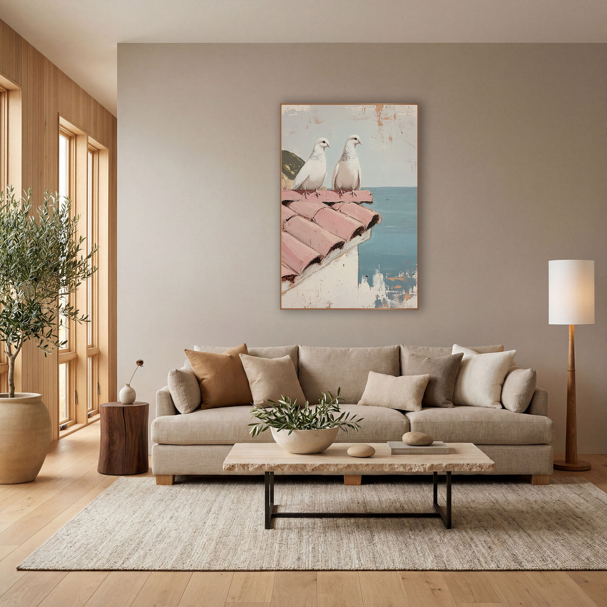 Doves Pink Rooftiles Cliffside Coastal wall art in a bright coastal-style room – two white doves perched on a pink