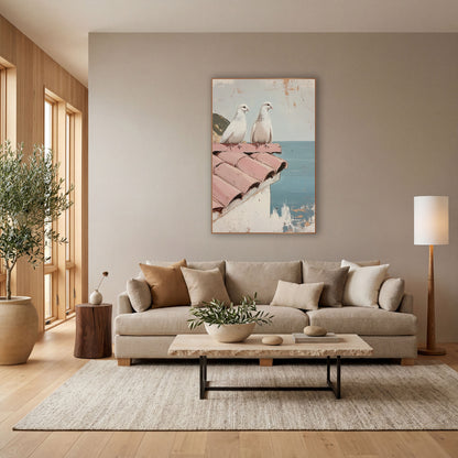 Doves Pink Rooftiles Cliffside Coastal wall art in a bright coastal-style room – two white doves perched on a pink