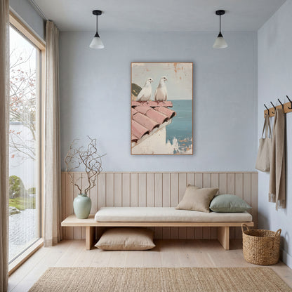 Doves Pink Rooftiles Cliffside Coastal wall art in a bright coastal-style room – two white doves perched on a pink