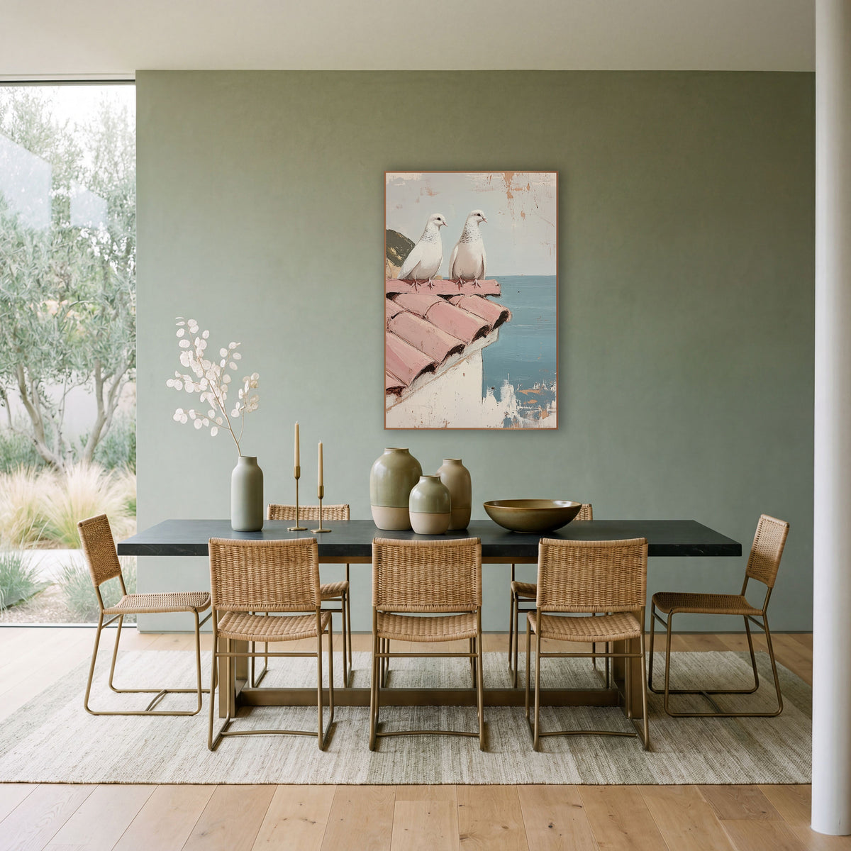 Doves Pink Rooftiles Cliffside Coastal wall art in a bright coastal-style room – two white doves perched on a pink