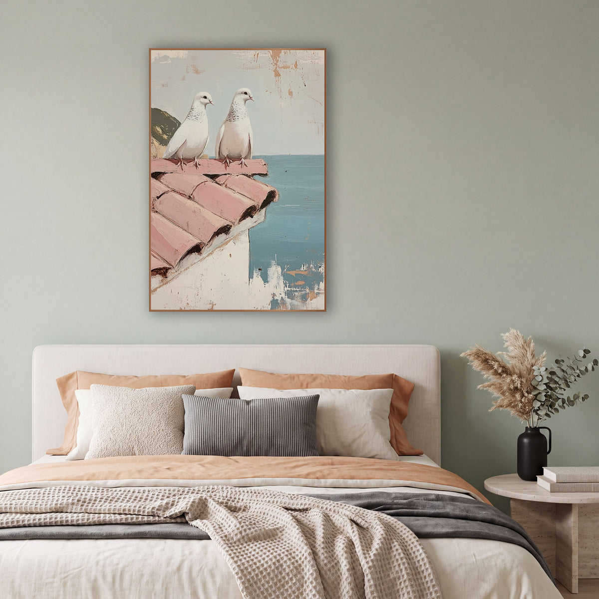 Doves Pink Rooftiles Cliffside Coastal wall art in a bright coastal-style room – two white doves perched on a pink