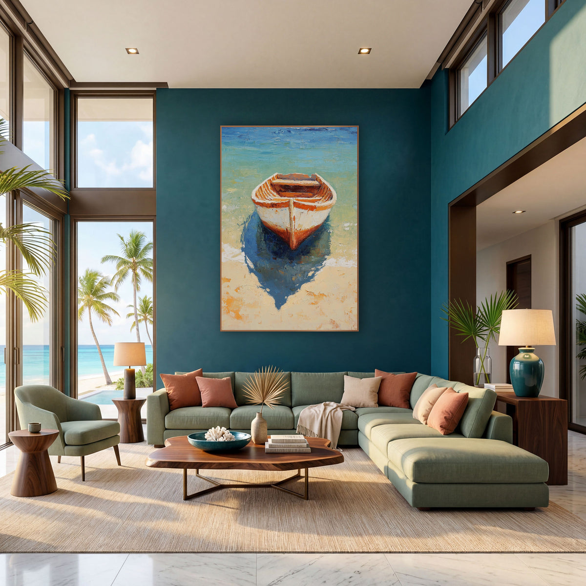 Wooden Rowboat Turquoise Shallows Coastal wall art in a bright coastal-style room – small wooden rowboat with white