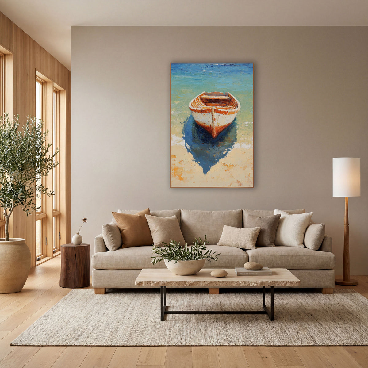 Wooden Rowboat Turquoise Shallows Coastal wall art in a bright coastal-style room – small wooden rowboat with white