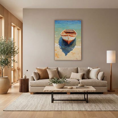Wooden Rowboat Turquoise Shallows Coastal wall art in a bright coastal-style room – small wooden rowboat with white