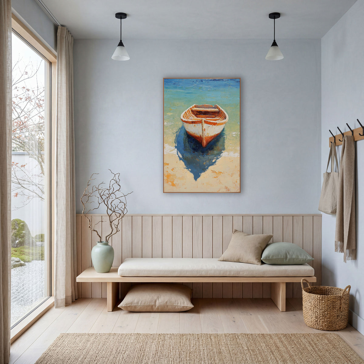 Wooden Rowboat Turquoise Shallows Coastal wall art in a bright coastal-style room – small wooden rowboat with white