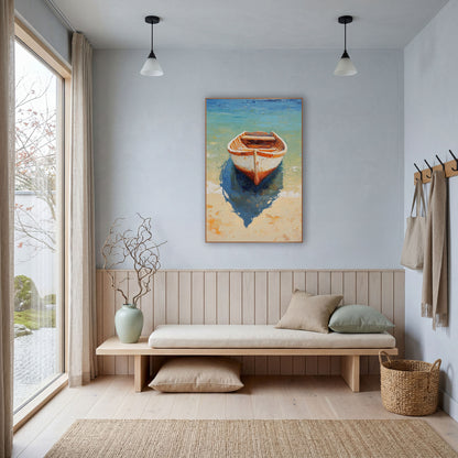 Wooden Rowboat Turquoise Shallows Coastal wall art in a bright coastal-style room – small wooden rowboat with white