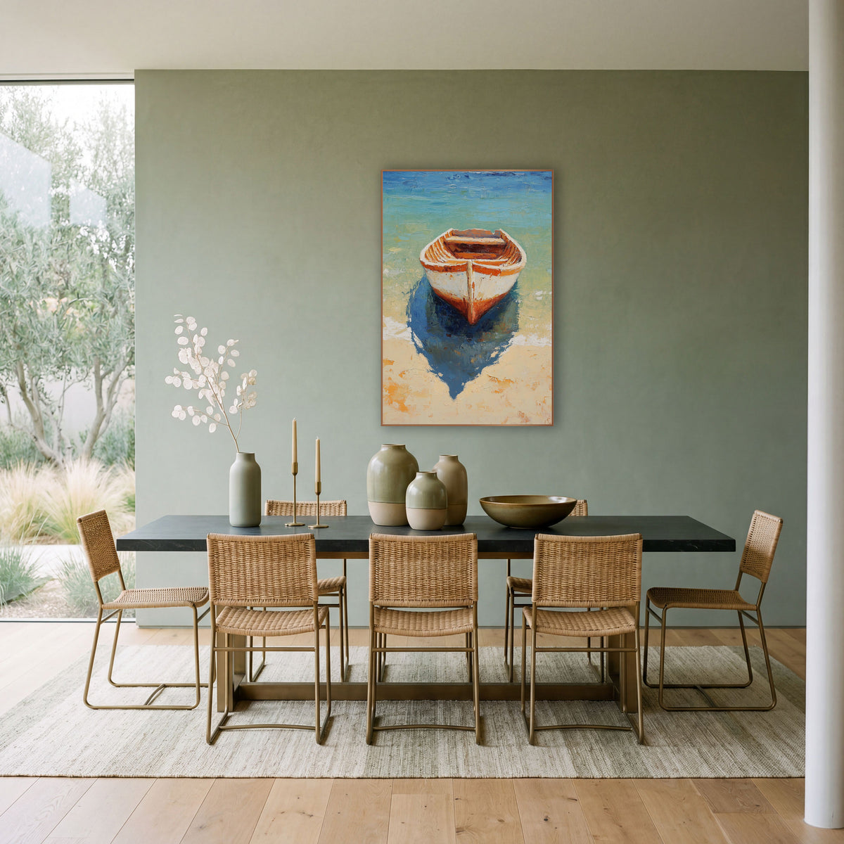 Wooden Rowboat Turquoise Shallows Coastal wall art in a bright coastal-style room – small wooden rowboat with white