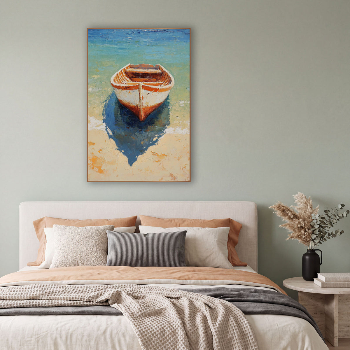 Wooden Rowboat Turquoise Shallows Coastal wall art in a bright coastal-style room – small wooden rowboat with white