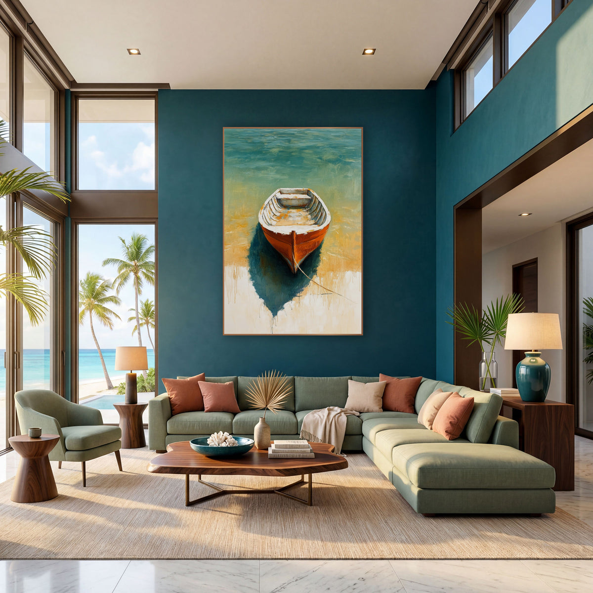 Shallow Water Skiff Teal Boho wall art in a bright coastal-style room – orange rowboat with white rim on teal water