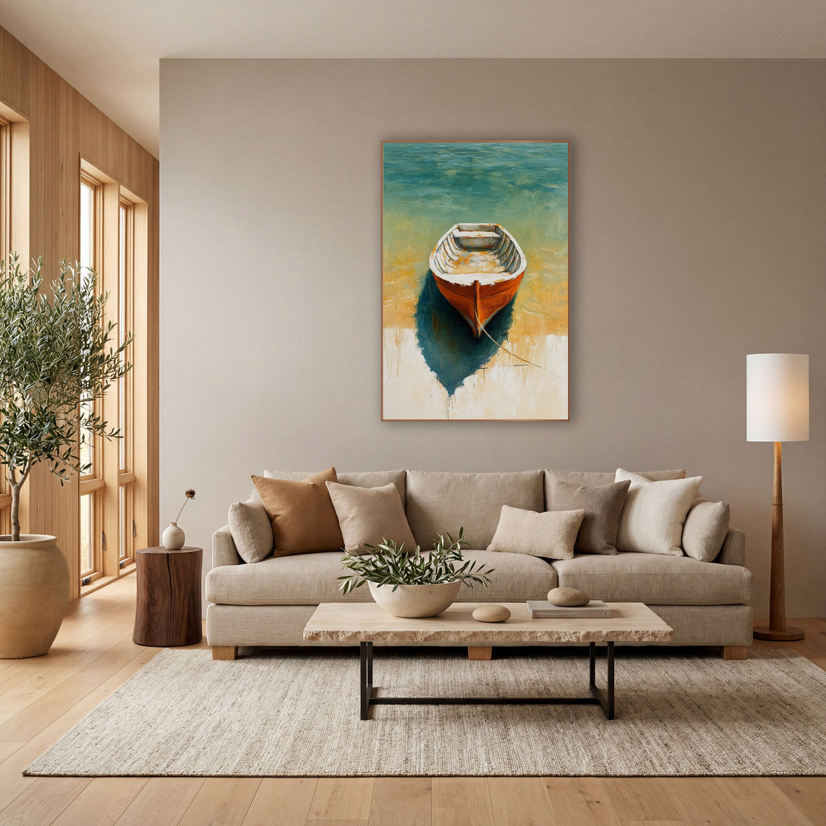 Shallow Water Skiff Teal Boho wall art in a bright coastal-style room – orange rowboat with white rim on teal water
