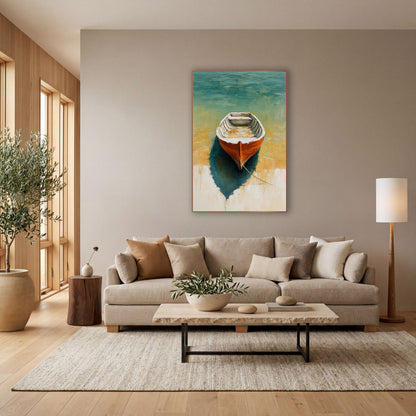 Shallow Water Skiff Teal Boho wall art in a bright coastal-style room – orange rowboat with white rim on teal water
