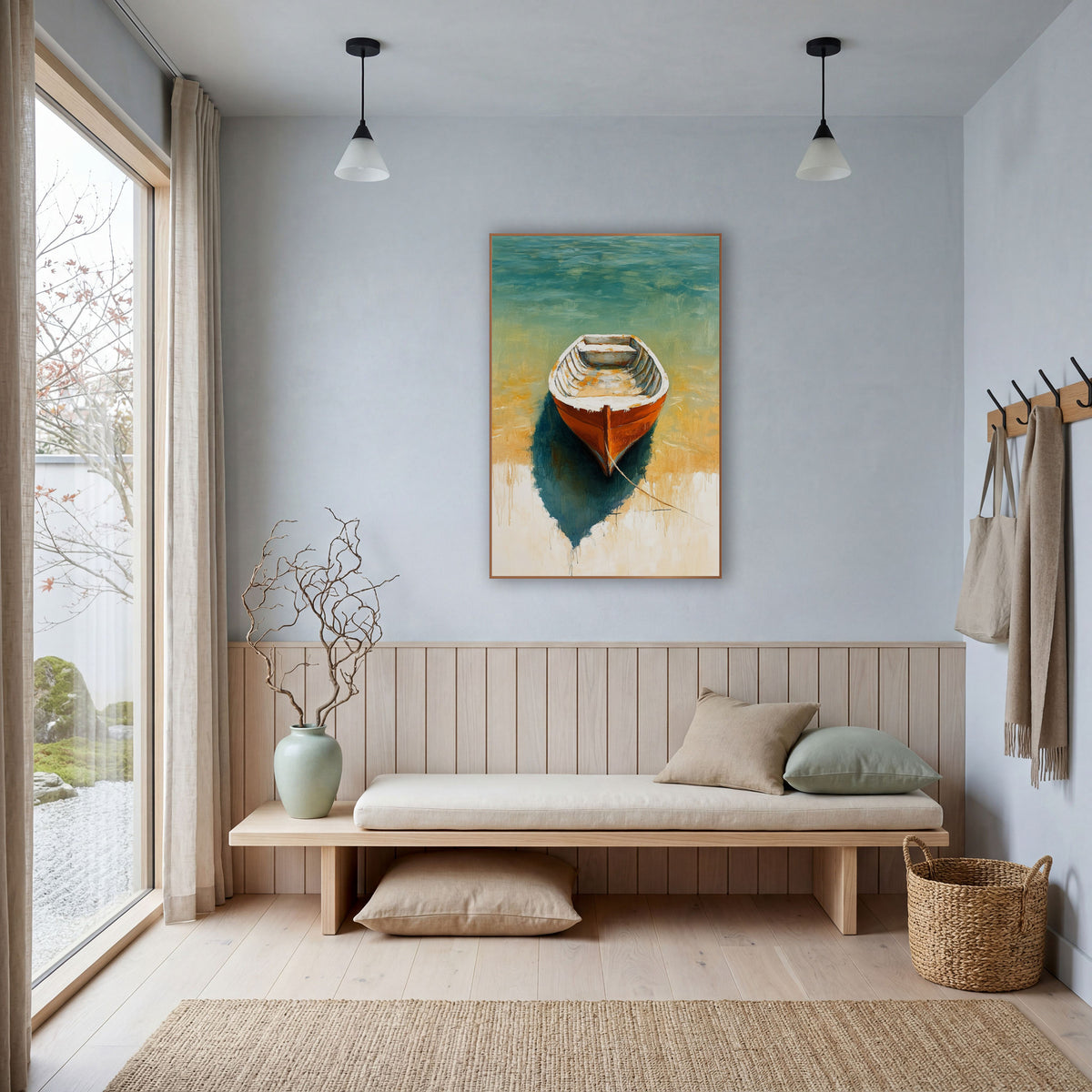 Shallow Water Skiff Teal Boho wall art in a bright coastal-style room – orange rowboat with white rim on teal water