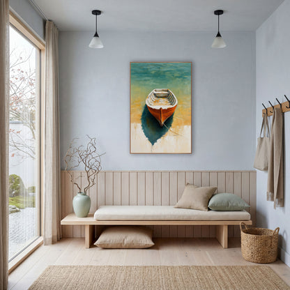 Shallow Water Skiff Teal Boho wall art in a bright coastal-style room – orange rowboat with white rim on teal water