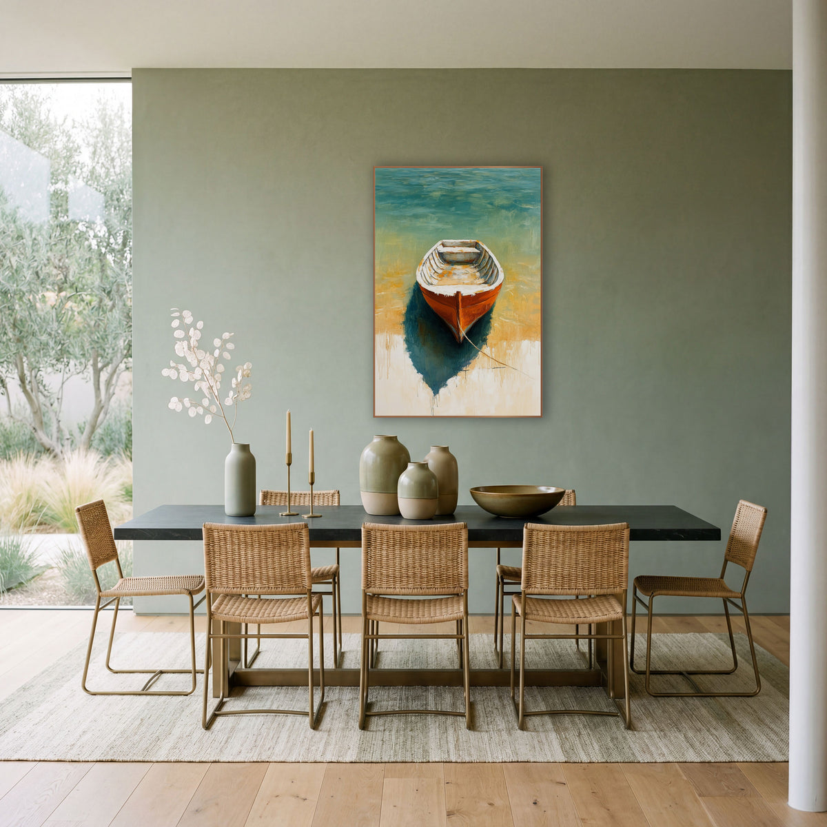 Shallow Water Skiff Teal Boho wall art in a bright coastal-style room – orange rowboat with white rim on teal water