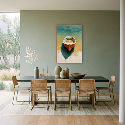Shallow Water Skiff Teal Boho wall art in a bright coastal-style room – orange rowboat with white rim on teal water