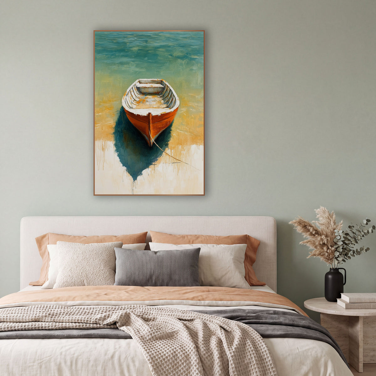 Shallow Water Skiff Teal Boho wall art in a bright coastal-style room – orange rowboat with white rim on teal water