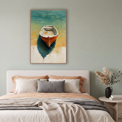 Shallow Water Skiff Teal Boho wall art in a bright coastal-style room – orange rowboat with white rim on teal water