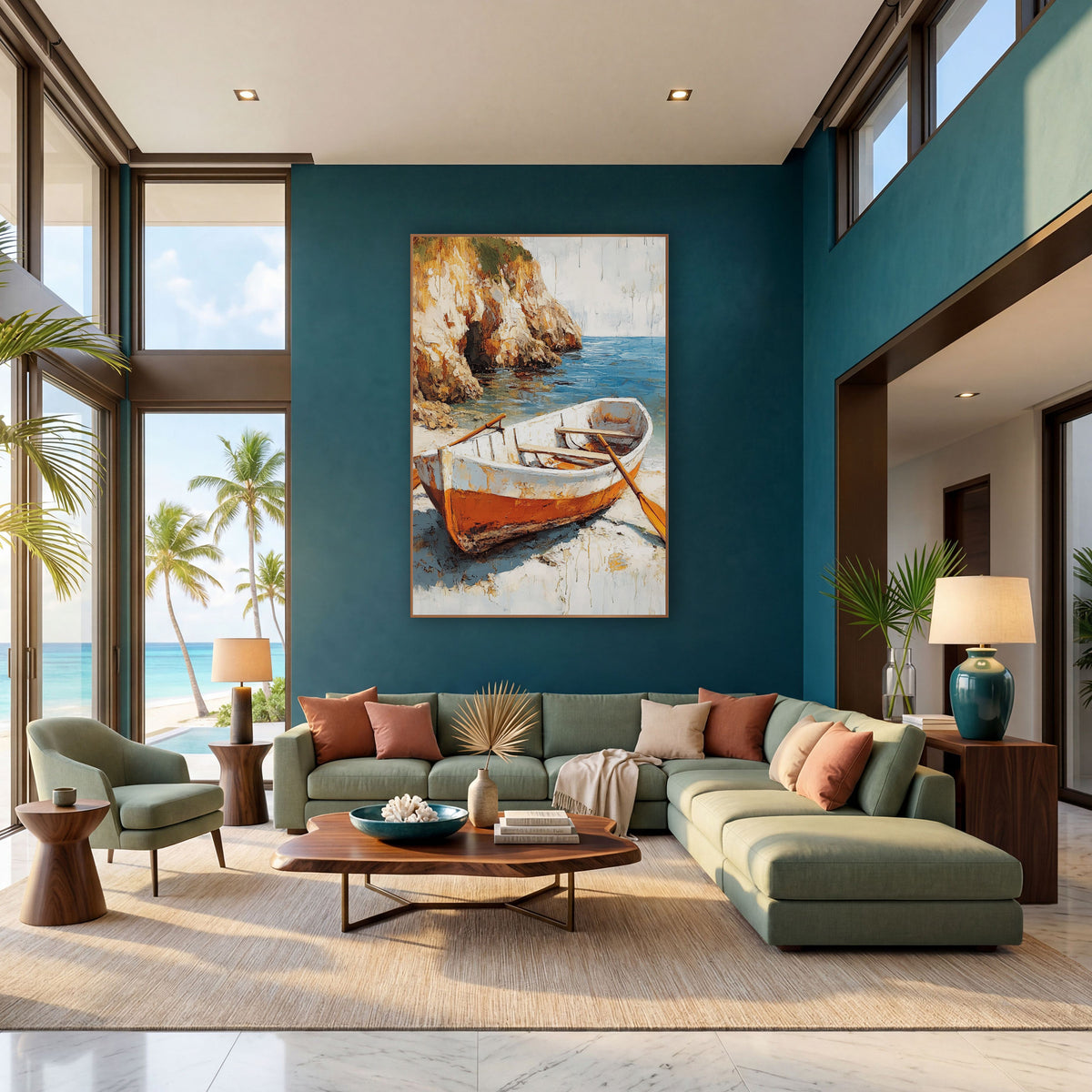 Weathered Rowboat Cliffside Cove Coastal wall art in a bright coastal-style room – white and orange rowboat