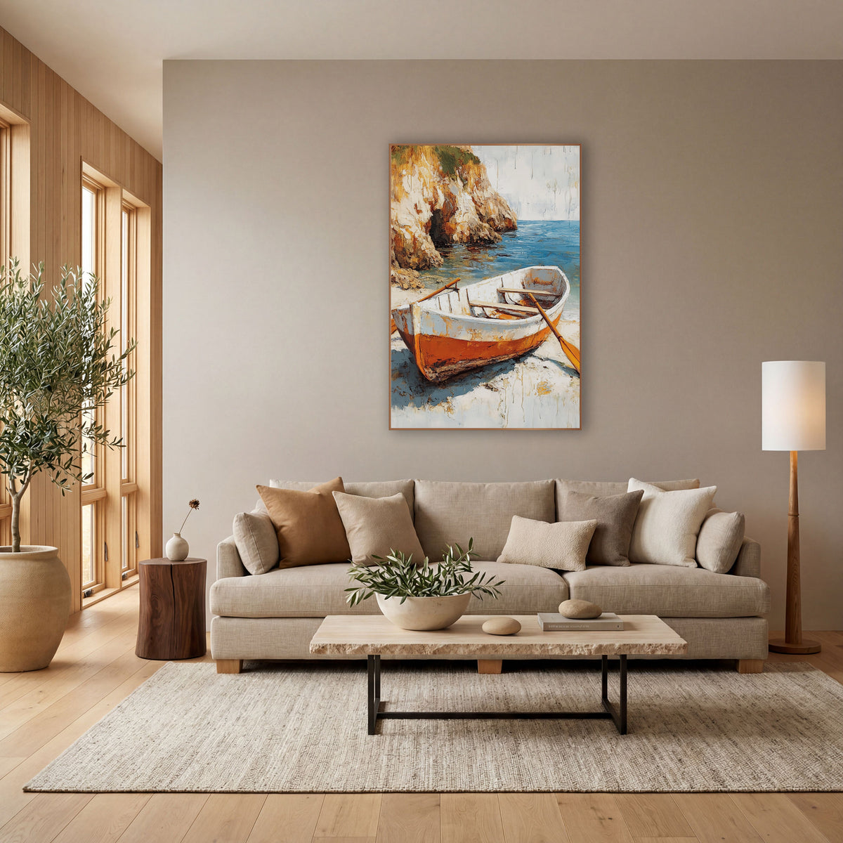 Weathered Rowboat Cliffside Cove Coastal wall art in a bright coastal-style room – white and orange rowboat