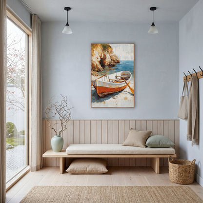 Weathered Rowboat Cliffside Cove Coastal wall art in a bright coastal-style room – white and orange rowboat