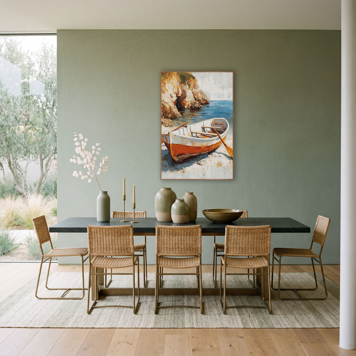 Weathered Rowboat Cliffside Cove Coastal wall art in a bright coastal-style room – white and orange rowboat